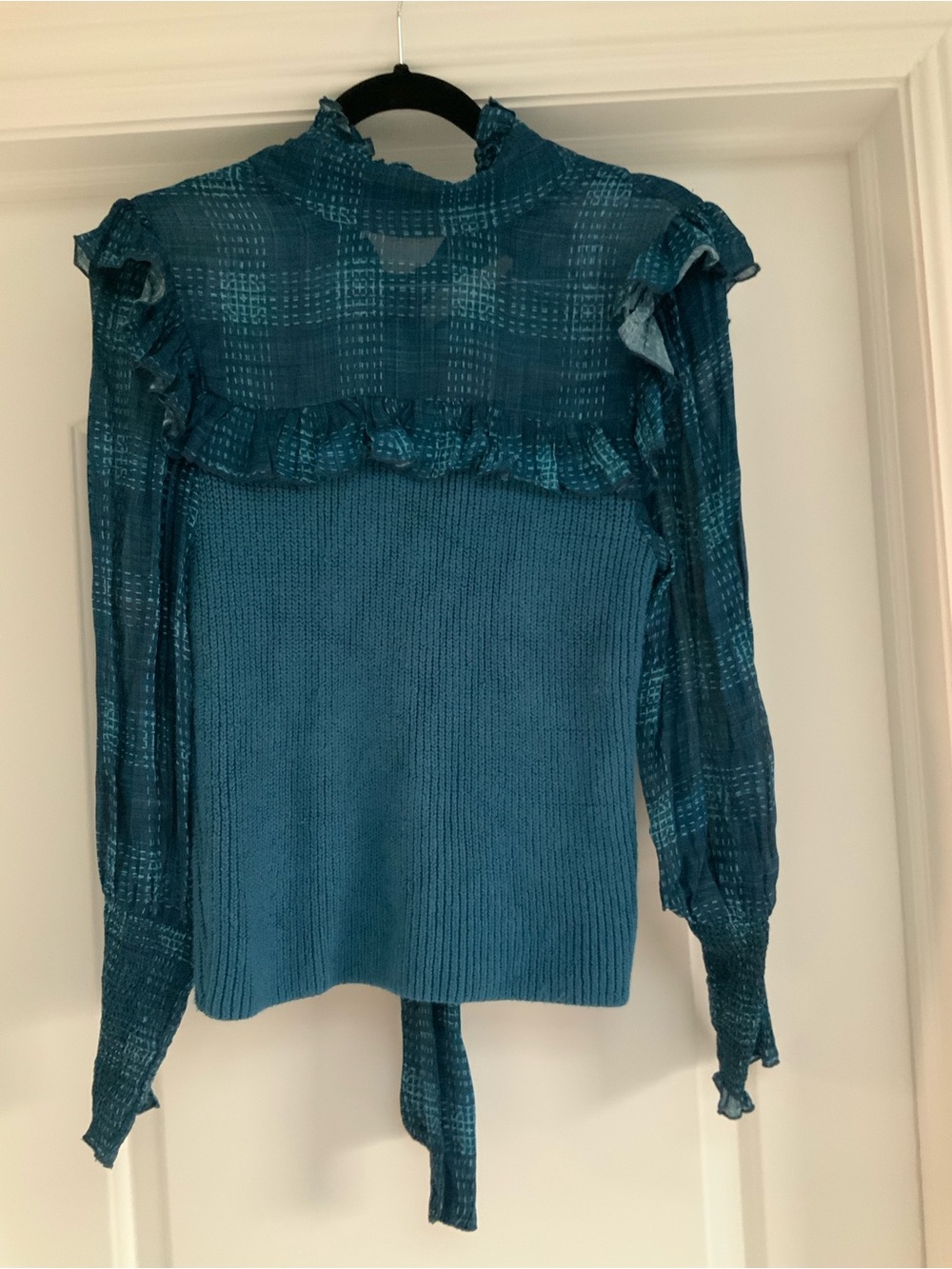 Anthropologie Conditions Apply Teal Sheer-Yoke Ruffle Turtleneck Sweater